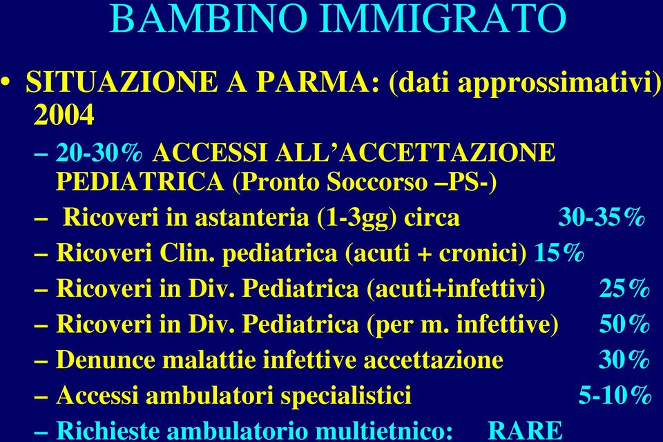 pediatrica (acuti + cronici) 15% Ricoveri in Div. Pediatrica (acuti+infettivi) 25% Ricoveri in Div.