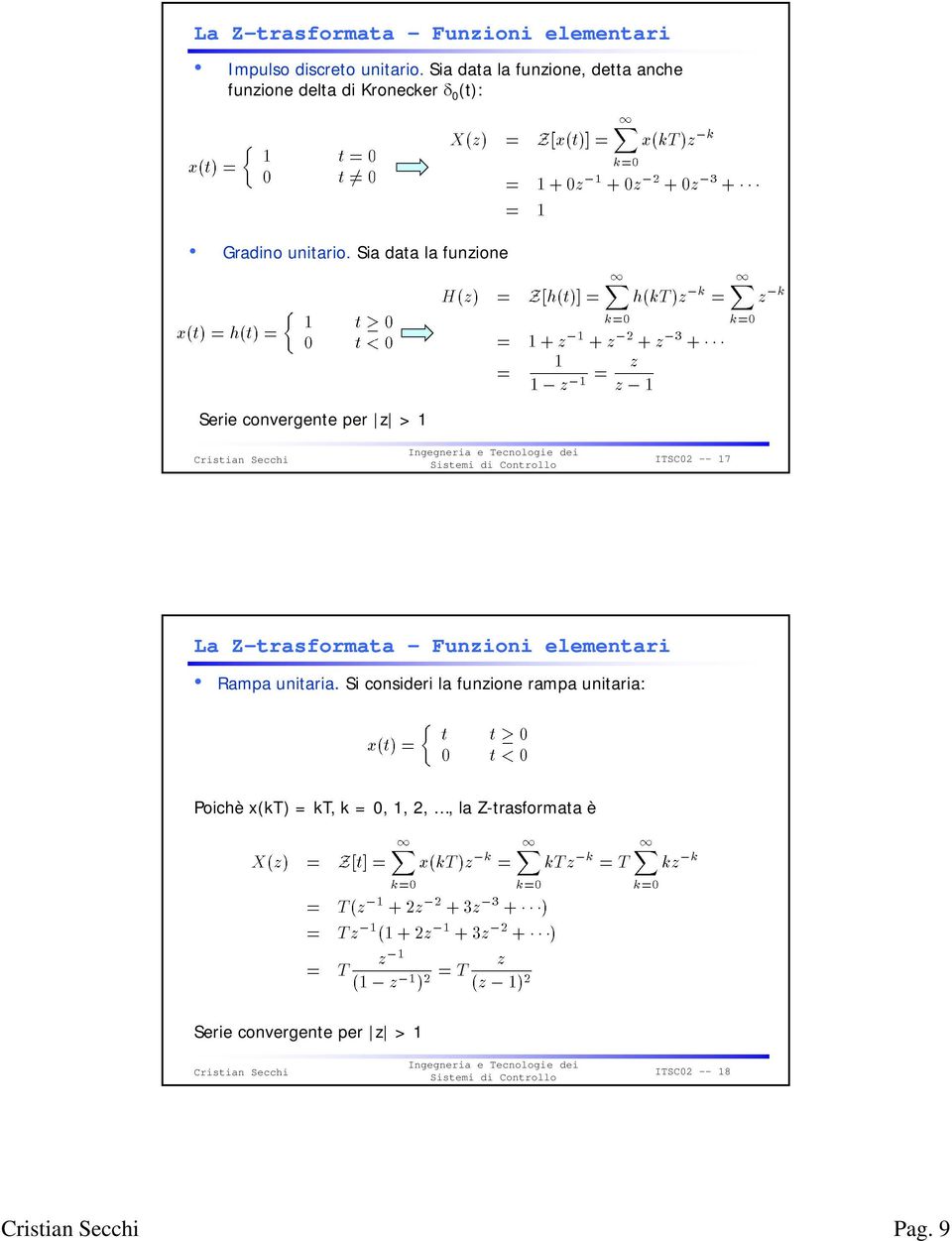 Sia data la funzione Serie convergente per z > 1 ITSC02 -- 17 La Z-trasformata Funzioni elementari