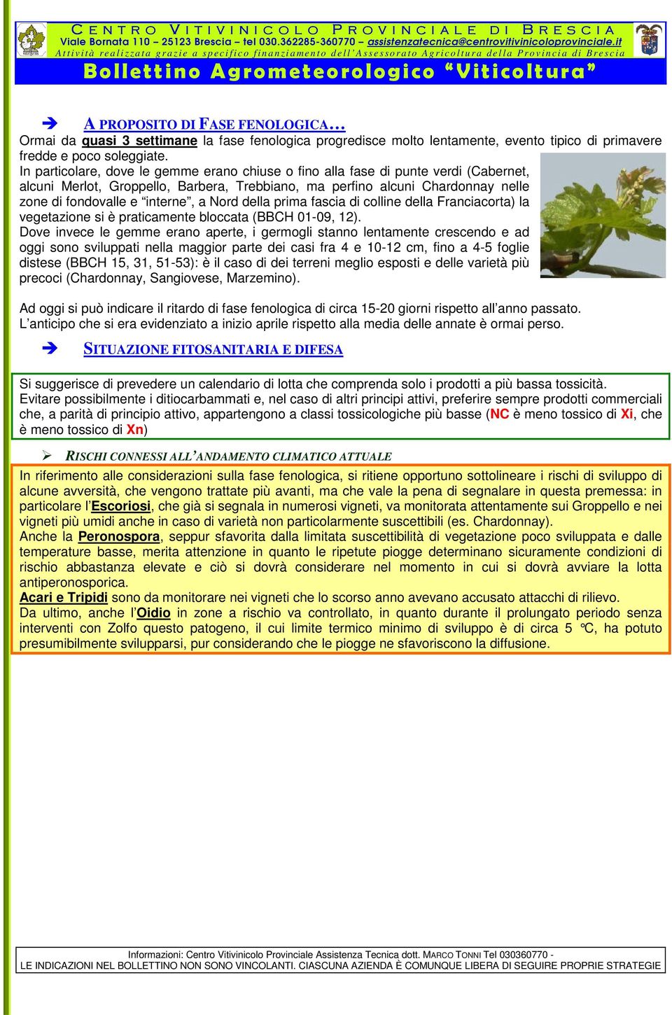 Nord della prima fascia di colline della Franciacorta) la vegetazione si è praticamente bloccata (BBCH 01-09, 12).