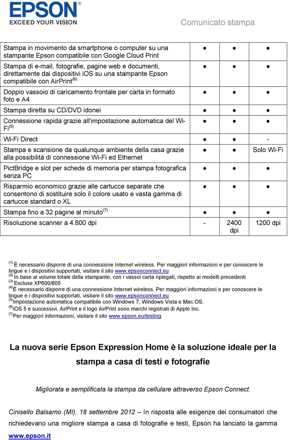 automatica del Wi- Fi (5) Wi-Fi Direct - Stampa e scansione da qualunque ambiente della casa grazie alla possibilità di connessione Wi-Fi ed Ethernet PictBridge e slot per schede di memoria per