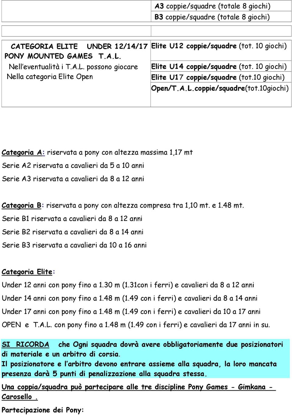 10giochi) Categoria A: riservata a pony con altezza massima 1,17 mt Serie A2 riservata a cavalieri da 5 a 10 anni Serie A3 riservata a cavalieri da 8 a 12 anni Categoria B: riservata a pony con