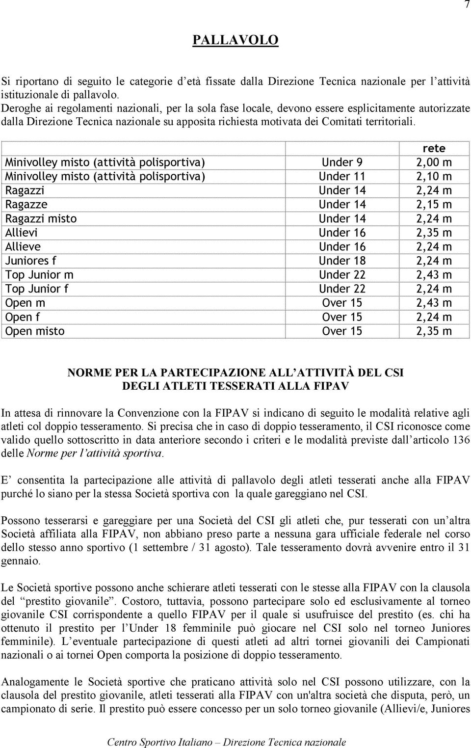 Allievi Under 16 2,35 m Allieve Under 16 2,24 m Juniores f Under 18 2,24 m Top Junior m Under 22 2,43 m Top Junior f Under 22 2,24 m Open m Over 15 2,43 m Open f Over 15 2,24 m Open misto Over 15