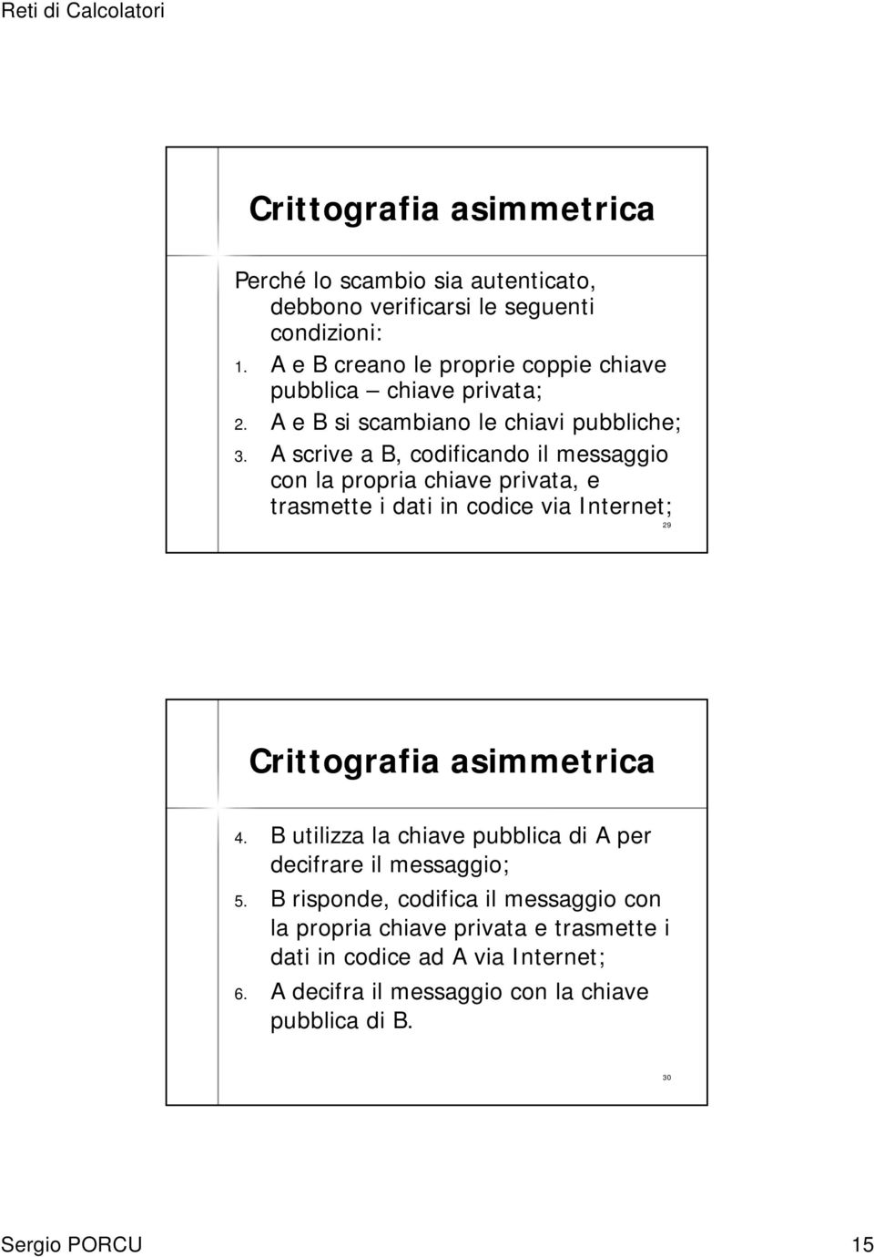 A scrive a B, codificando il messaggio con la propria chiave privata, e trasmette i dati in codice via Internet; 29 Crittografia asimmetrica 4.