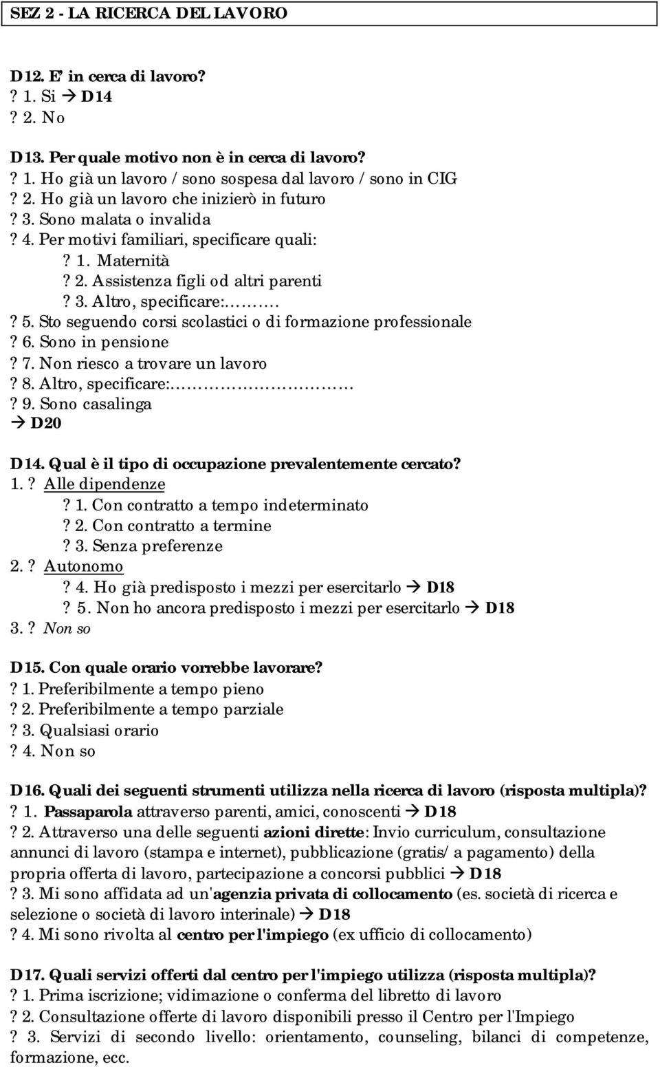 Sto seguendo corsi scolastici o di formazione professionale? 6. Sono in pensione? 7. Non riesco a trovare un lavoro? 8. Altro, specificare:? 9. Sono casalinga D20 D14.