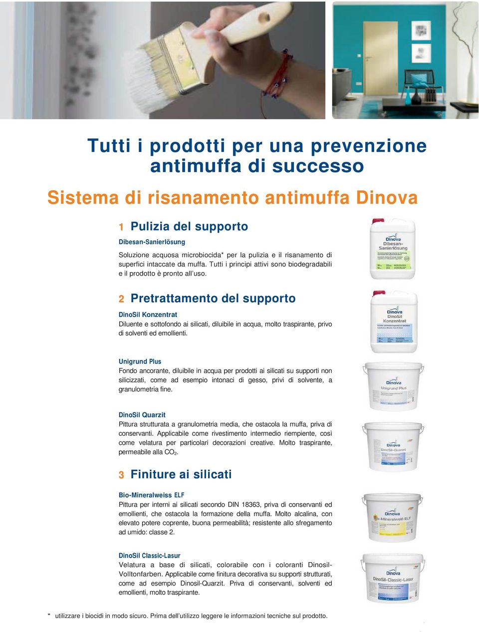 2 Pretrattamento del supporto DinoSil Konzentrat Diluente e sottofondo ai silicati, diluibile in acqua, molto traspirante, privo di solventi ed emollienti.