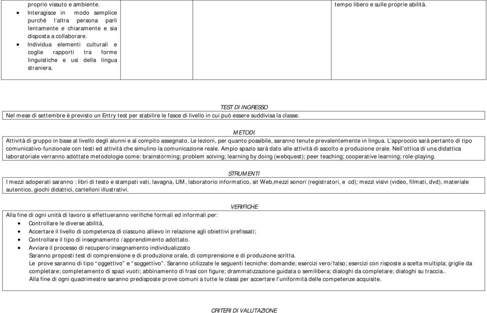 TEST DI INGRESSO Nel mese di settembre è previsto un Entry test per stabilire le fasce di livello in cui può essere suddivisa la classe.