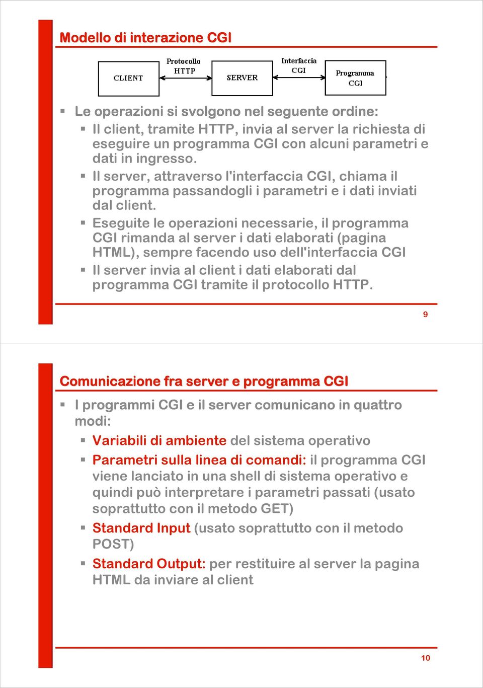 Eseguite le operazioni necessarie, il programma CGI rimanda al server i dati elaborati (pagina HTML), sempre facendo uso dell'interfaccia CGI Il server invia al client i dati elaborati dal programma