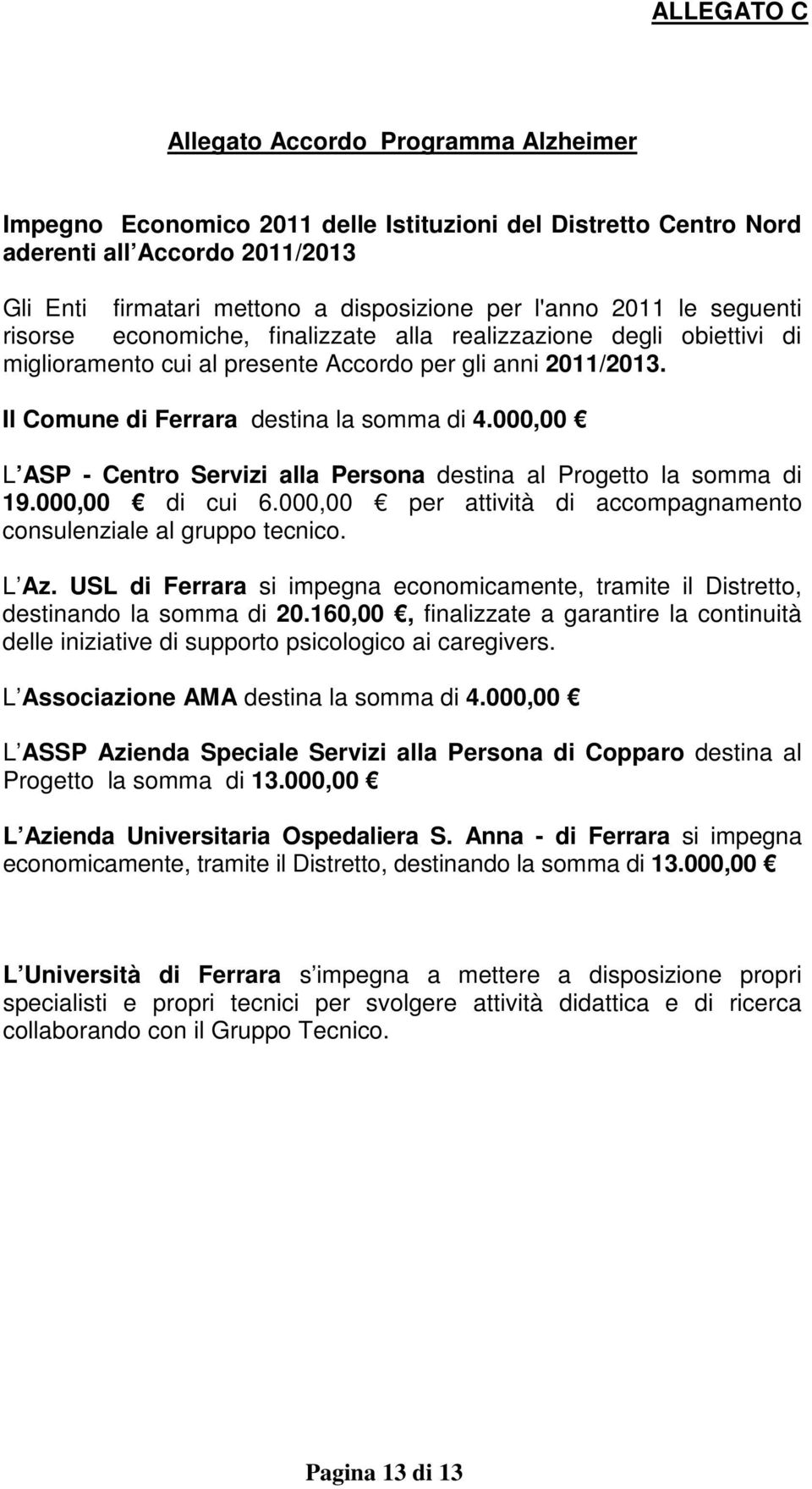 000,00 L ASP - Centro Servizi alla Persona destina al Progetto la somma di 19.000,00 di cui 6.000,00 per attività di accompagnamento consulenziale al gruppo tecnico. L Az.