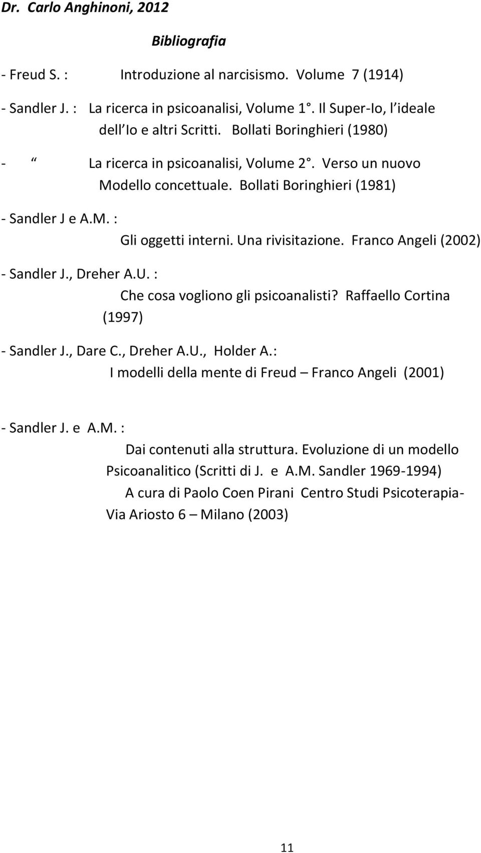 Franco Angeli (2002) - Sandler J., Dreher A.U. : Che cosa vogliono gli psicoanalisti? Raffaello Cortina (1997) - Sandler J., Dare C., Dreher A.U., Holder A.