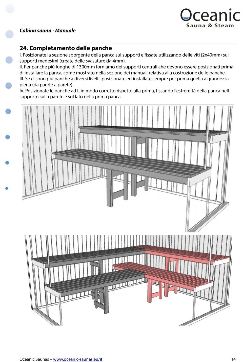 Per panche più lunghe di 1300mm forniamo dei supporti centrali che devono essere posizionati prima di installare la panca, come mostrato nella sezione dei manuali relativa