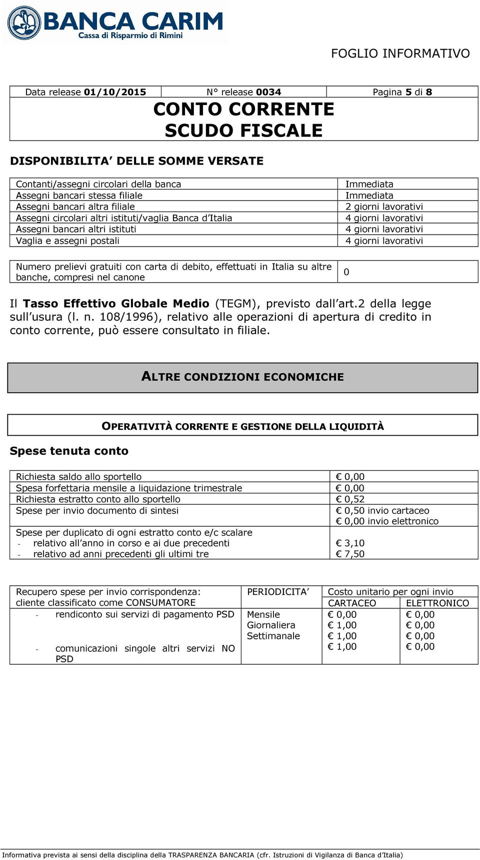 lavorativi Numero prelievi gratuiti con carta di debito, effettuati in Italia su altre banche, compresi nel canone 0 Il Tasso Effettivo Globale Medio (TEGM), previsto dall art.