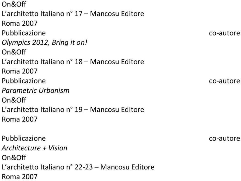 On&Off L Italiano n 18 Mancosu Editore Roma 2007 Parametric