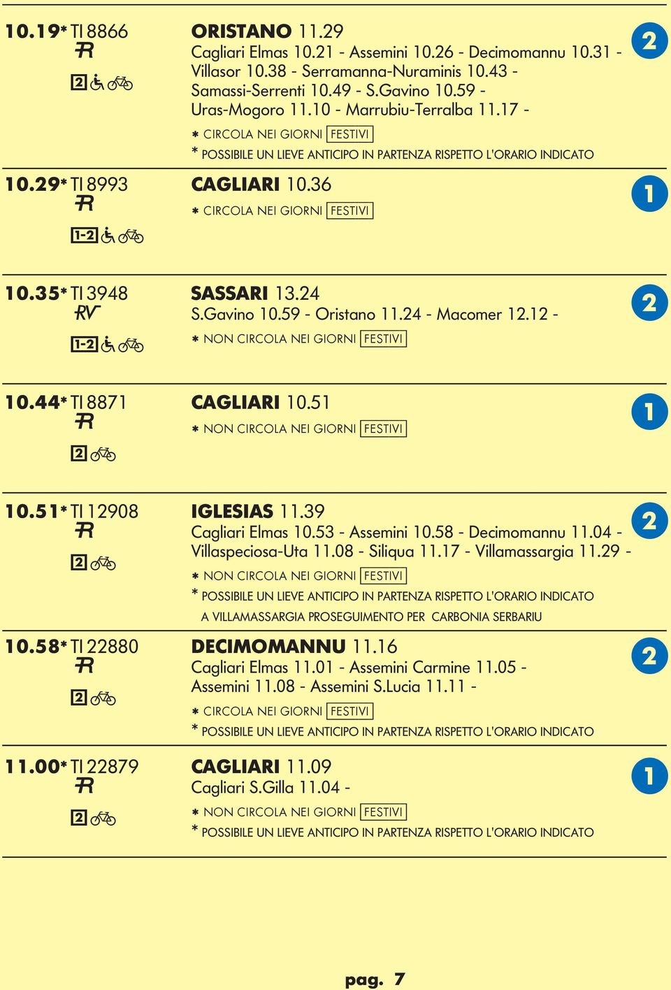 24 S.avino 10.59 - Oristano 11.24 - Macomer 12.12 - K * NON CIRCO NEI IORNI [festivi] 10.44* TI 8871 CIRI 10.51 * NON CIRCO NEI IORNI [festivi] 10.51* TI 12908 IESIS 11.39 Cagliari Elmas 10.