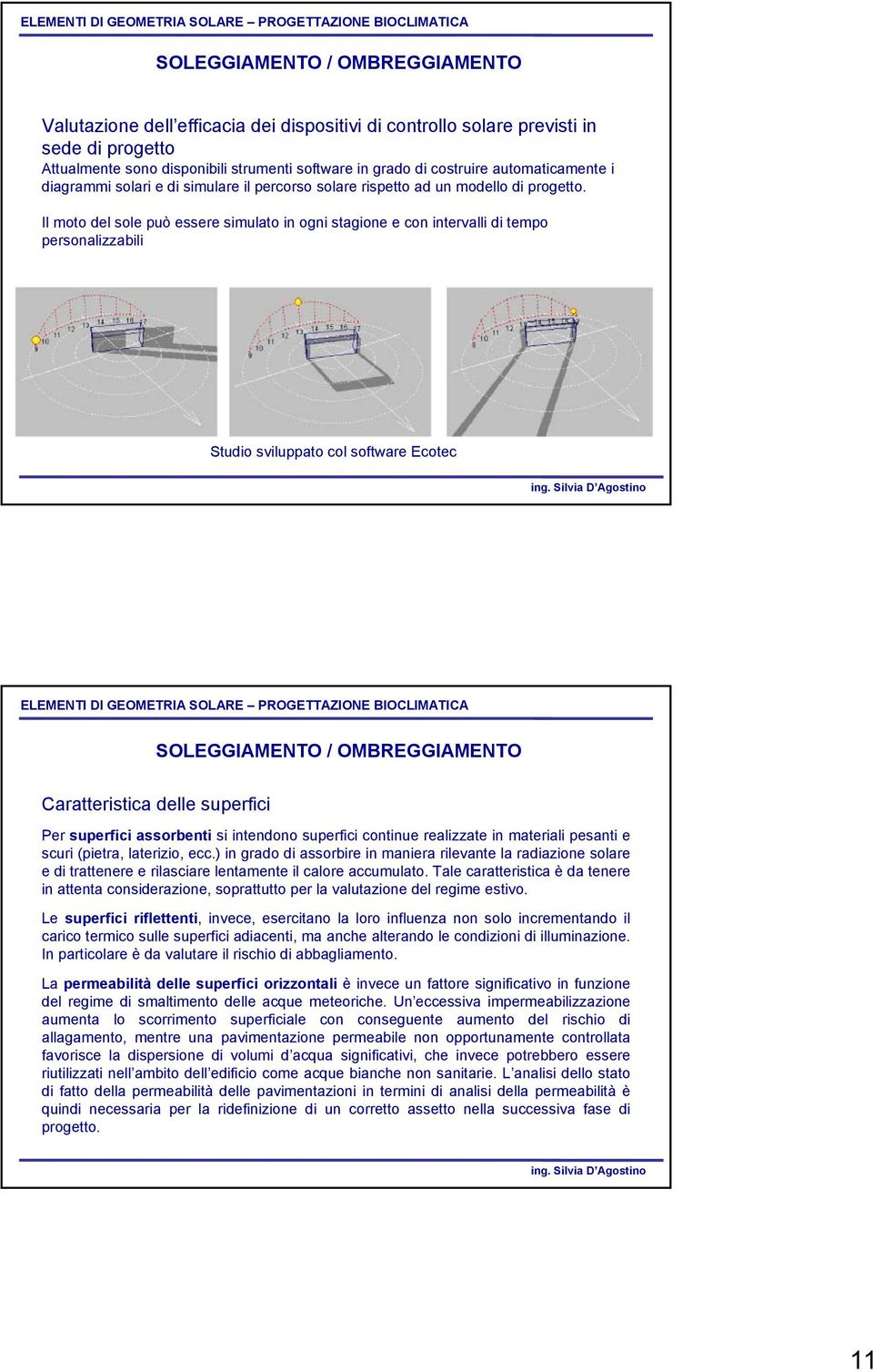 Il moto del sole può essere simulato in ogni stagione e con intervalli di tempo personalizzabili Studio sviluppato col software Ecotec SOLEGGIAMENTO / OMBREGGIAMENTO Caratteristica delle superfici