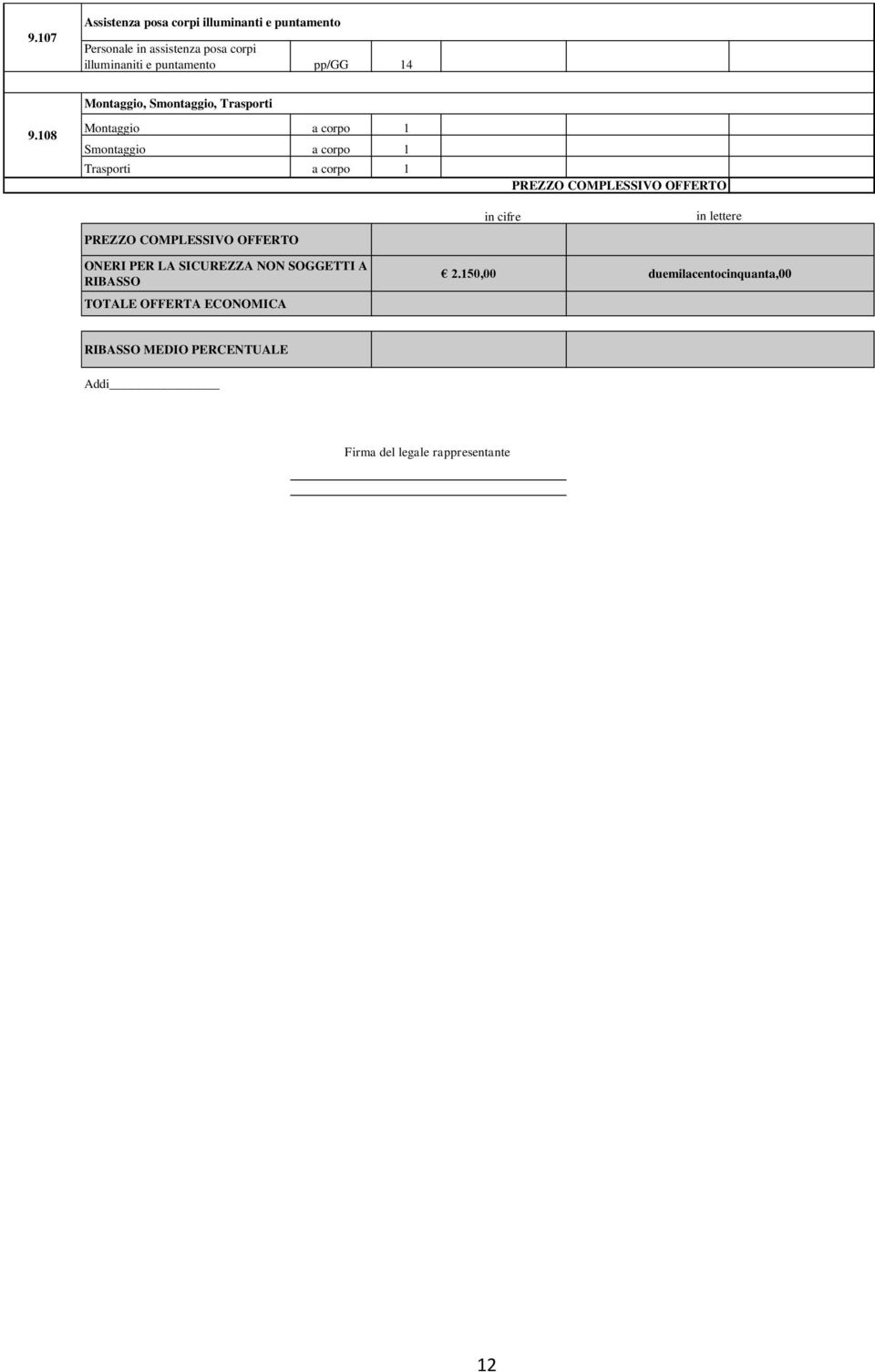 108 Montaggio, Smontaggio, Trasporti Montaggio a corpo 1 Smontaggio a corpo 1 Trasporti a corpo 1 PREZZO COMPLESSIVO