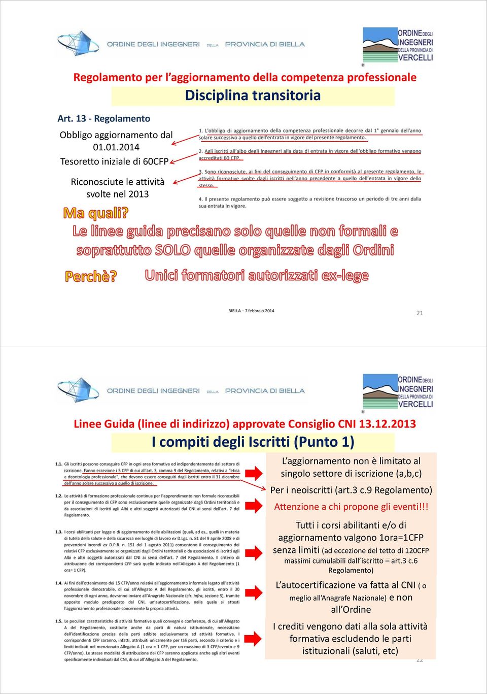 2013 I compiti degli Iscritti (Punto 1) L aggiornamento non è limitato al singolo settore di iscrizione (a,b,c) Per i neoiscritti (art.3 c.9 Regolamento) Attenzione a chi propone gli eventi!