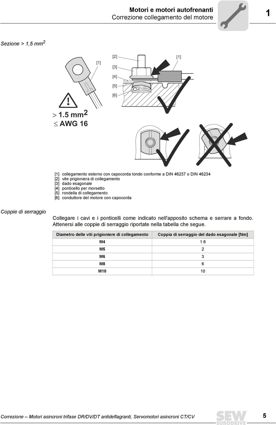 rondella di collegamento [6] conduttore del motore con capocorda Coppie di serraggio Collegare i cavi e i ponticelli come indicato nell'apposito schema e serrare a fondo.