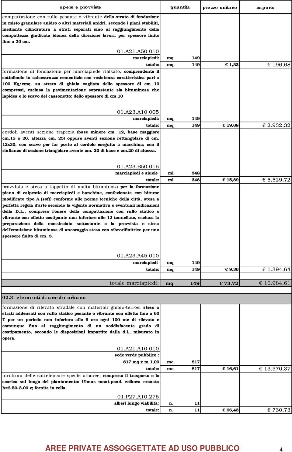 A50 010 marciapiedi: mq 149 formazione di fondazione per marciapiede rialzato, comprendente il sottofondo in calcestruzzo cementizio con resistenza caratteristica pari a 100 Kg/cmq, su strato di