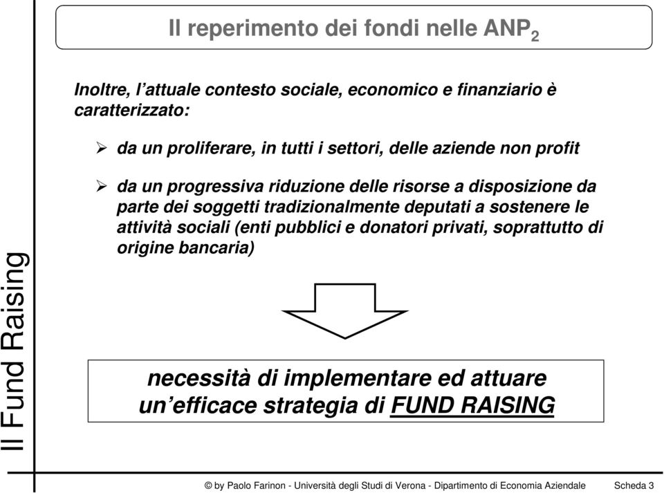 deputati a sostenere le attività sociali (enti pubblici e donatori privati, soprattutto di origine bancaria) necessità di implementare ed