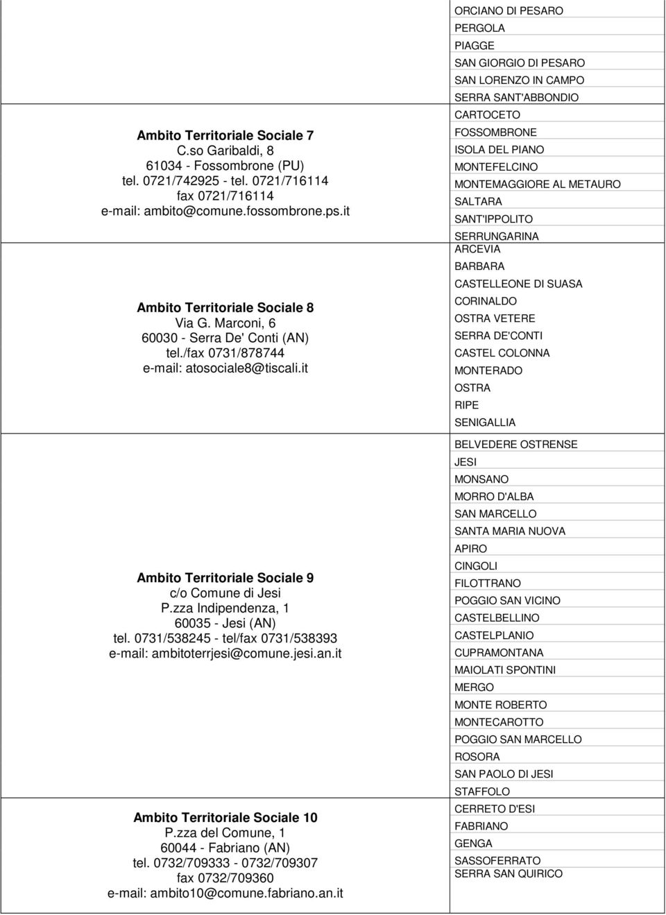 zza Indipendenza, 1 60035 - Jesi (AN) tel. 0731/538245 - tel/fax 0731/538393 e-mail: ambitoterrjesi@comune.jesi.an.it Ambito Territoriale Sociale 10 P.zza del Comune, 1 60044 - Fabriano (AN) tel.