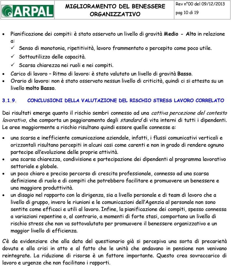 Orario di lavoro: non è stato osservato nessun livello di criticità, quindi ci si attesta su un livello molto Basso. 3.1.9.