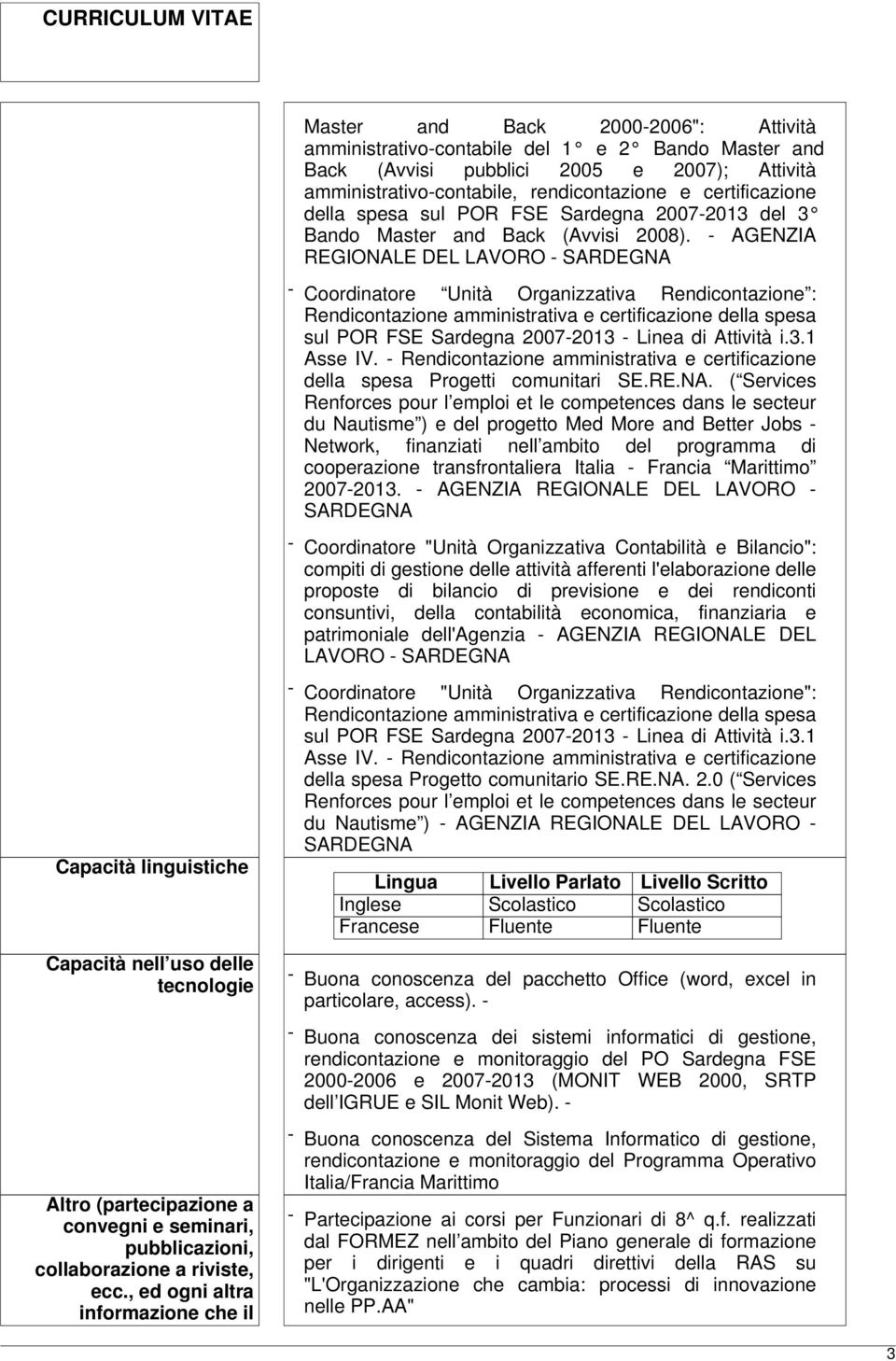 - AGENZIA - Coordinatore Unità Organizzativa Rendicontazione : Rendicontazione amministrativa e certificazione della spesa sul POR FSE Sardegna 2007-2013 - Linea di Attività i.3.1 Asse IV.