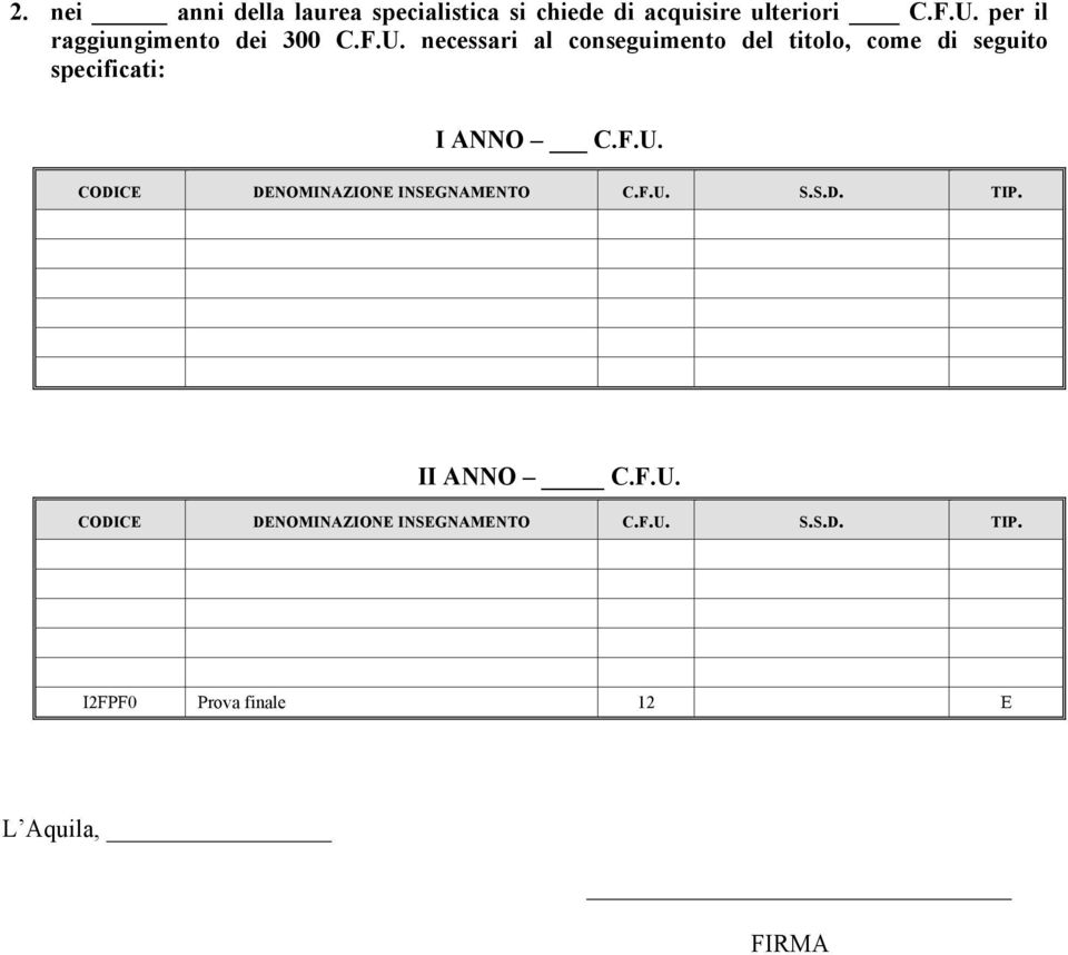 necessari al conseguimento del titolo, come di seguito specificati: I ANNO C.F.U.