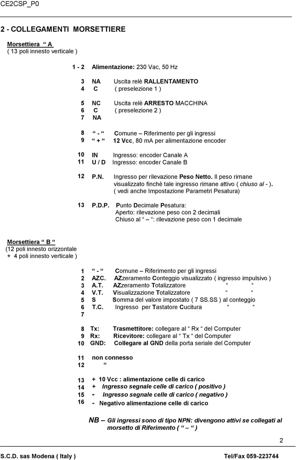 N. P.D.P. Ingresso: encoder Canale A Ingresso: encoder Canale B Ingresso per rilevazione Peso Netto. Il peso rimane visualizzato finchè tale ingresso rimane attivo ( chiuso al - ).