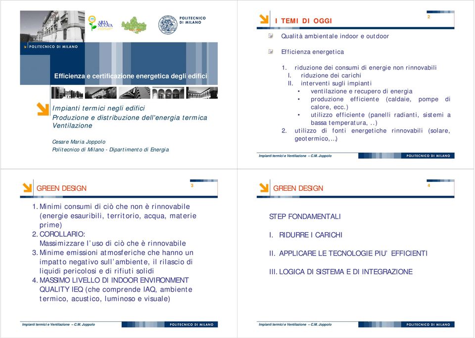 interventi sugli impianti ventilazione e recupero di energia produzione efficiente (caldaie, pompe di calore, ecc.) utilizzo efficiente (panelli radianti, sistemi a bassa temperatura,..) 2.