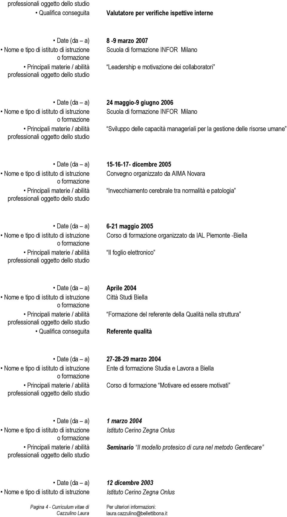 capacità manageriali per la gestione delle risorse umane Date (da a) 15-16-17- dicembre 2005 Nome e tipo di istituto di istruzione Convegno organizzato da AIMA Novara Principali materie / abilità