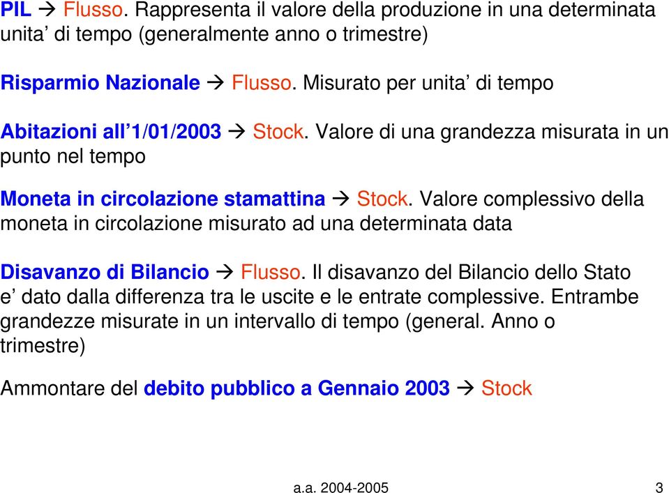 Valore complessivo della moneta in circolazione misurato ad una determinata data Disavanzo di Bilancio Flusso.