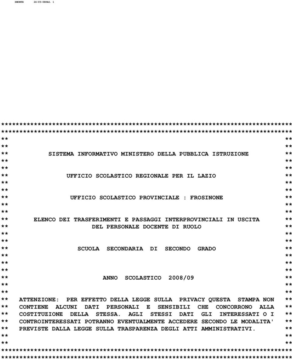 DELLA PUBBLICA ISTRUZIONE ** ** UFFICIO SCOLASTICO REGIONALE PER IL LAZIO ** ** UFFICIO SCOLASTICO PROVINCIALE : FROSINONE ** ** ELENCO DEI TRASFERIMENTI E PASSAGGI INTERPROVINCIALI IN USCITA ** **