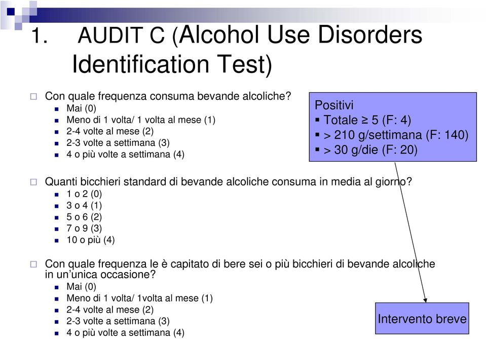 (F: 140) > 30 g/die (F: 20) Quanti bicchieri standard di bevande alcoliche consuma in media al giorno?