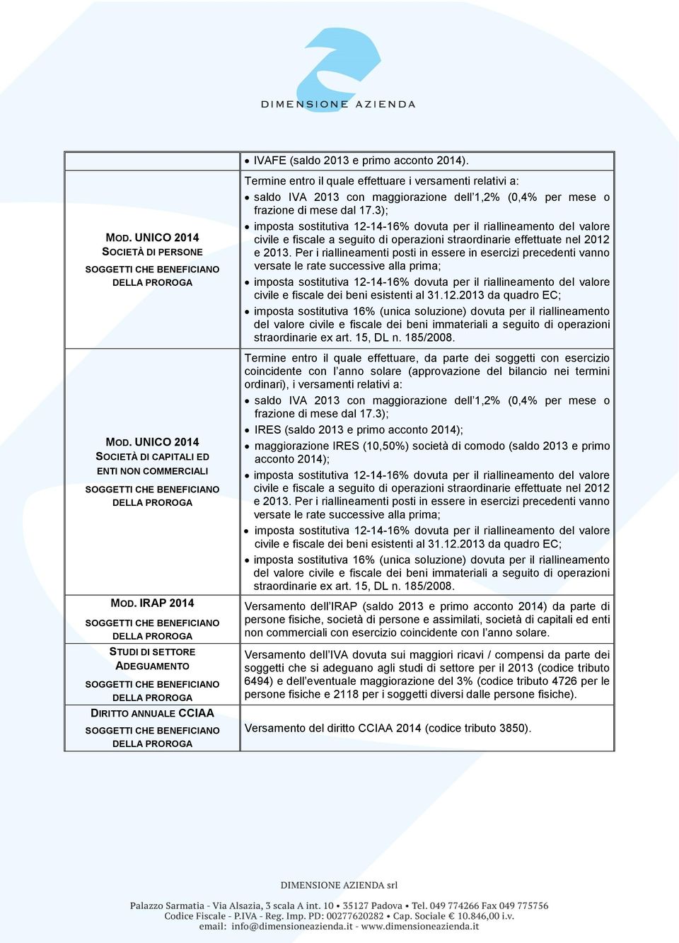 saldo IVA 2013 con maggiorazione dell 1,2% (0,4% per mese o frazione di mese dal 17.3); civile e fiscale a seguito di operazioni straordinarie effettuate nel 2012 e 2013.