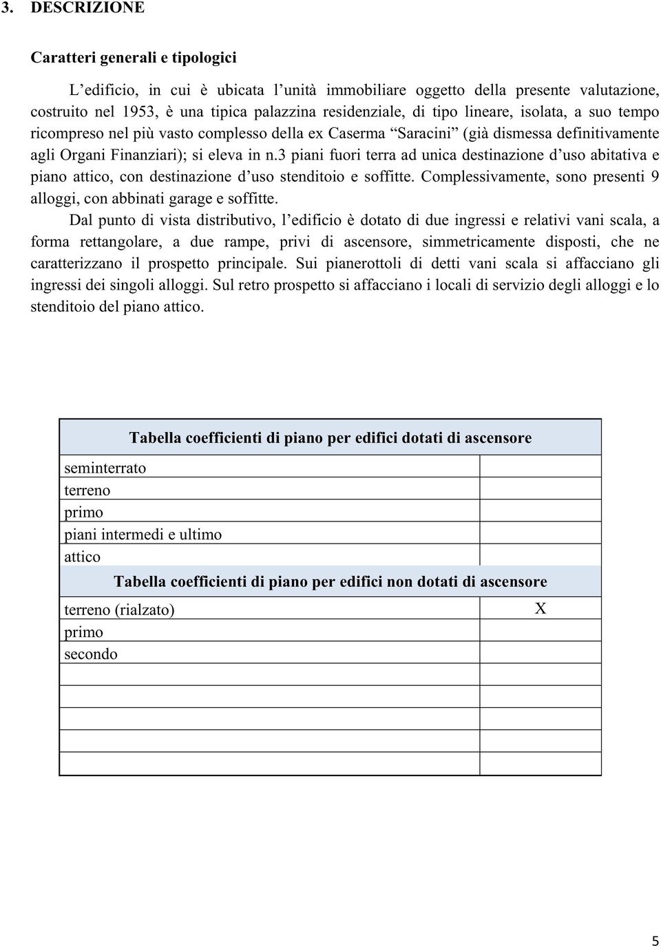 3 piani fuori terra ad unica destinazione d uso abitativa e piano attico, con destinazione d uso stenditoio e soffitte. Complessivamente, sono presenti 9 alloggi, con abbinati garage e soffitte.