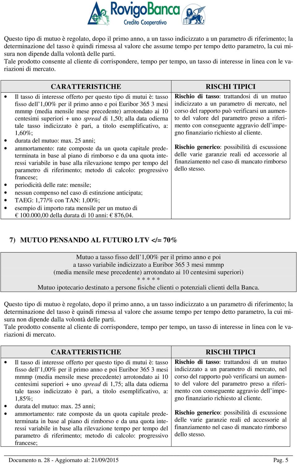 precedente) arrotondato ai 10 centesimi superiori + uno spread di 1,50; alla data odierna tale tasso indicizzato è pari, a titolo esemplificativo, a: 1,60%; TAEG: 1,77/% con TAN: 1,00%; 100.