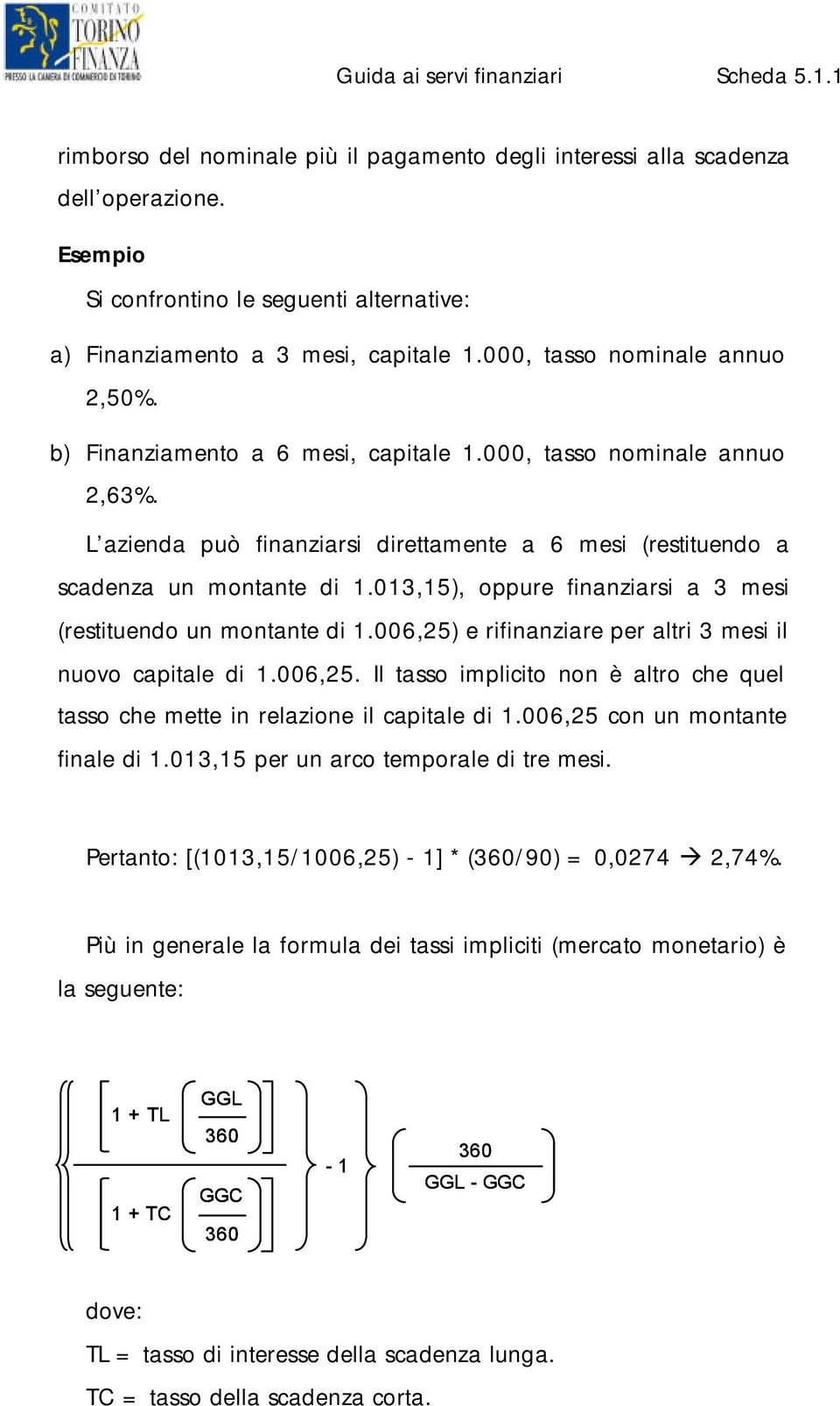 013,15), oppure finanziarsi a 3 mesi (restituendo un montante di 1.006,25) e rifinanziare per altri 3 mesi il nuovo capitale di 1.006,25. Il tasso implicito non è altro che quel tasso che mette in relazione il capitale di 1.