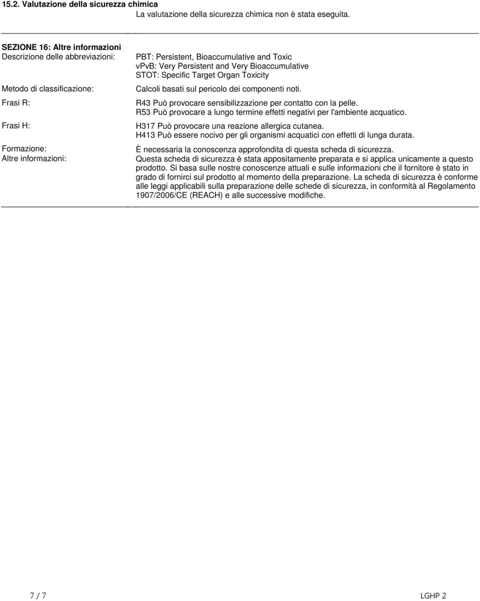 componenti noti R43 Può provocare sensibilizzazione per contatto con la pelle R53 Può provocare a lungo termine effetti negativi per l'ambiente acquatico H317 Può provocare una reazione allergica