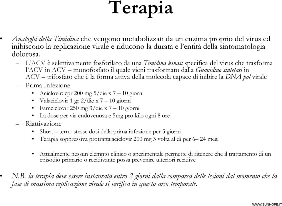 forma attiva della molecola capace di inibire la DNA pol virale Prima Infezione Aciclovir: cpr 200 mg 5/die x 7 10 giorni Valaciclovir 1 gr 2/die x 7 10 giorni Famciclovir 250 mg 3/die x 7 10 giorni