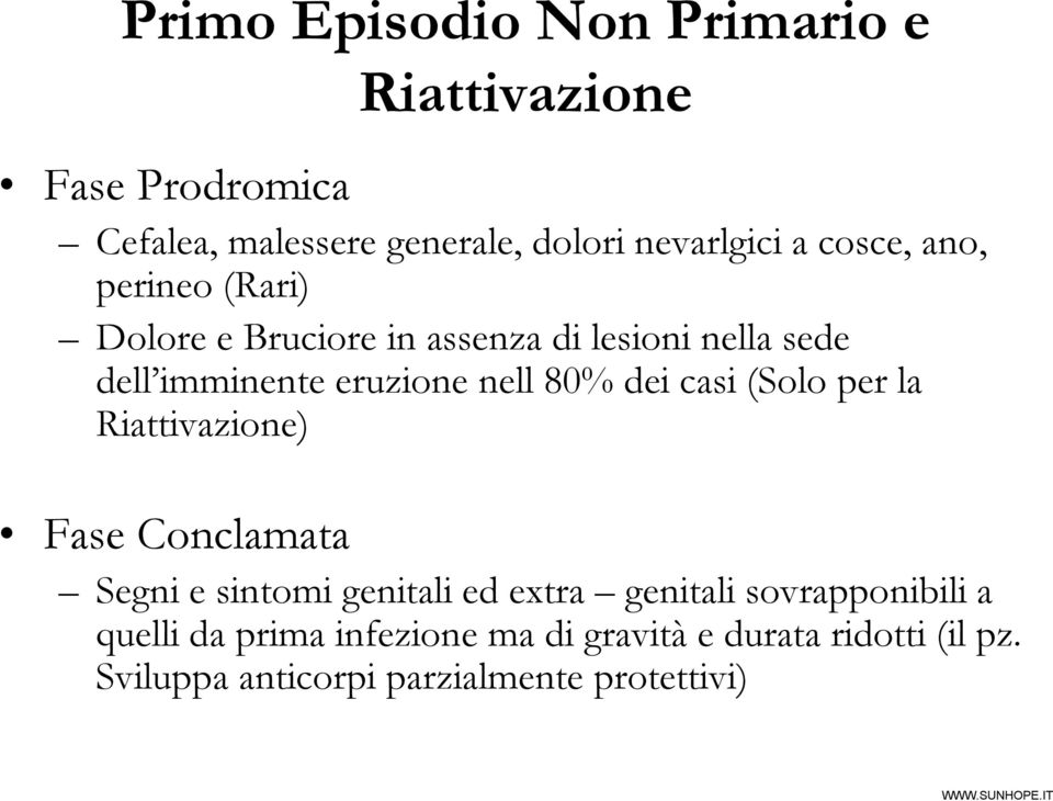 (Solo per la Riattivazione) Fase Conclamata Riattivazione Segni e sintomi genitali ed extra genitali