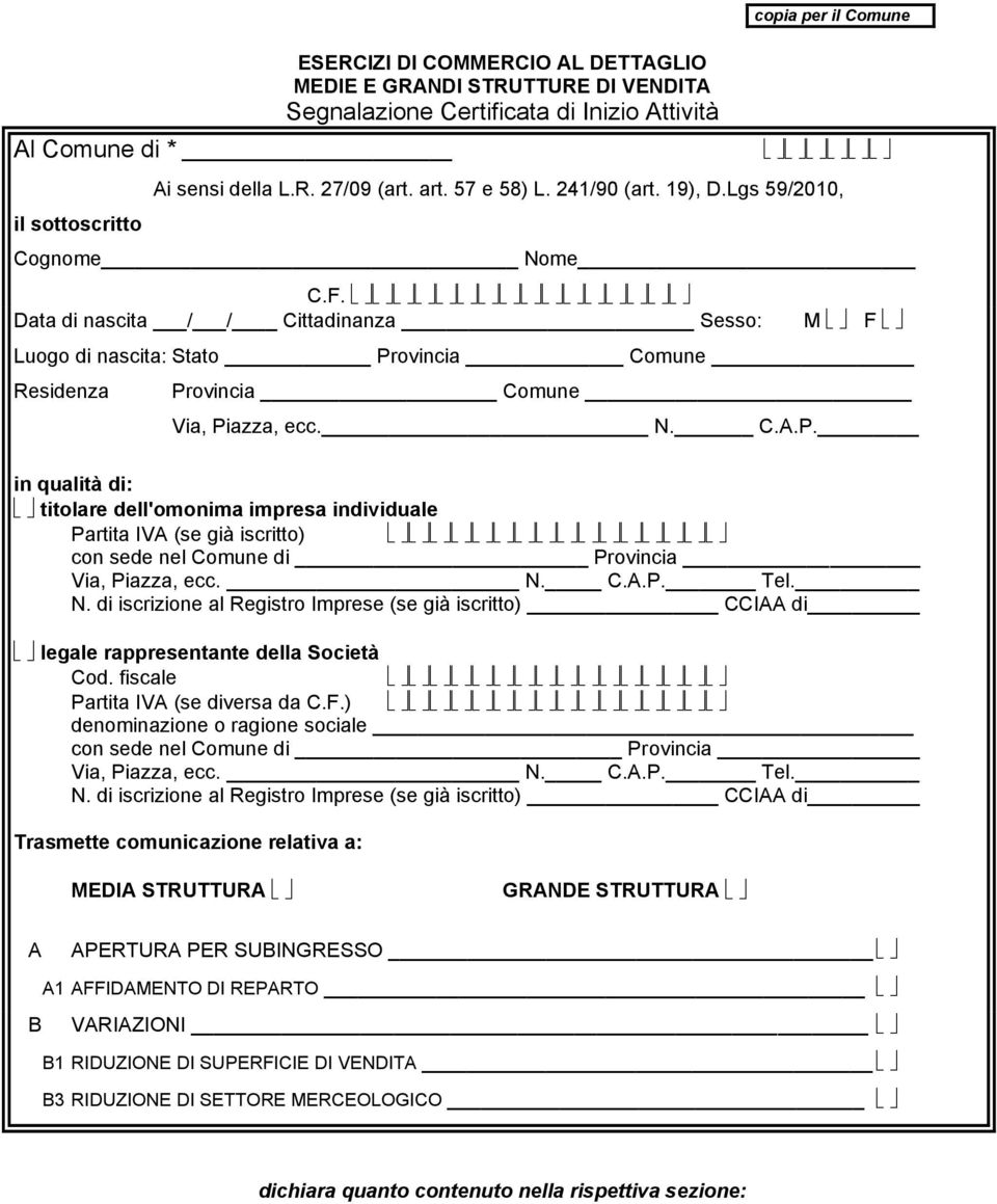 P. in qualità di: titolare dell'omonima impresa individuale Partita IVA (se già iscritto) con sede nel Comune di Provincia Via, Piazza, ecc. N.