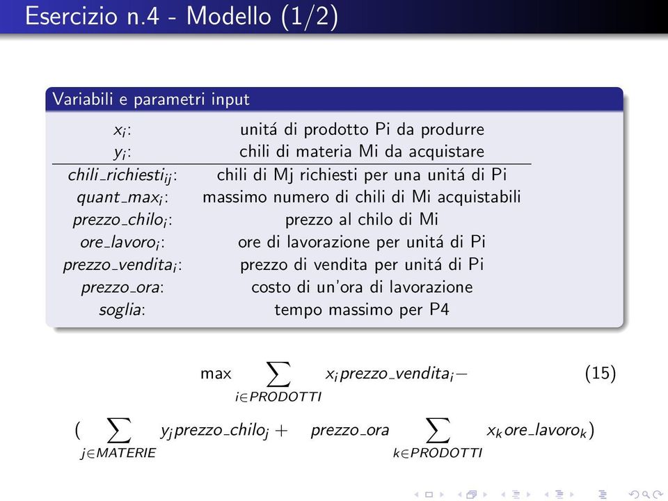 chili di Mj richiesti per una unitá di Pi quant max i : massimo numero di chili di Mi acquistabili prezzo chilo i : prezzo al chilo di Mi ore