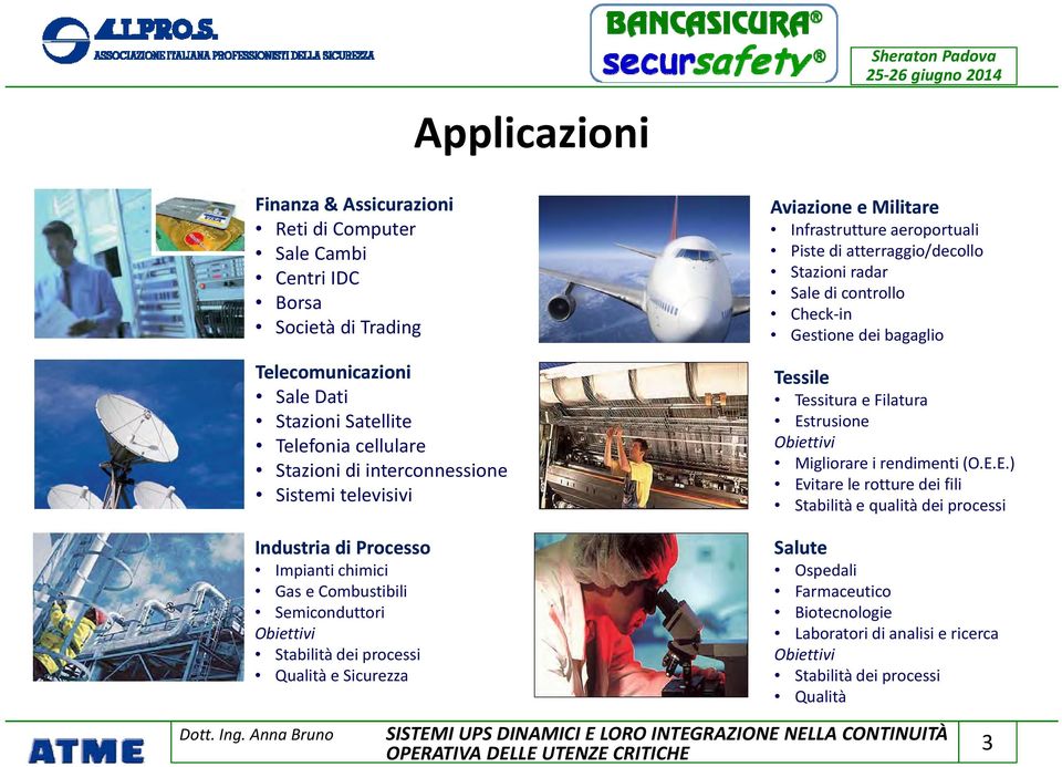 Infrastrutture aeroportuali Piste di atterraggio/decollo Stazioni radar Sale di controllo Check in Gestione dei bagaglio Tessile Tessitura e Filatura Estrusione Obiettivi Migliorare i