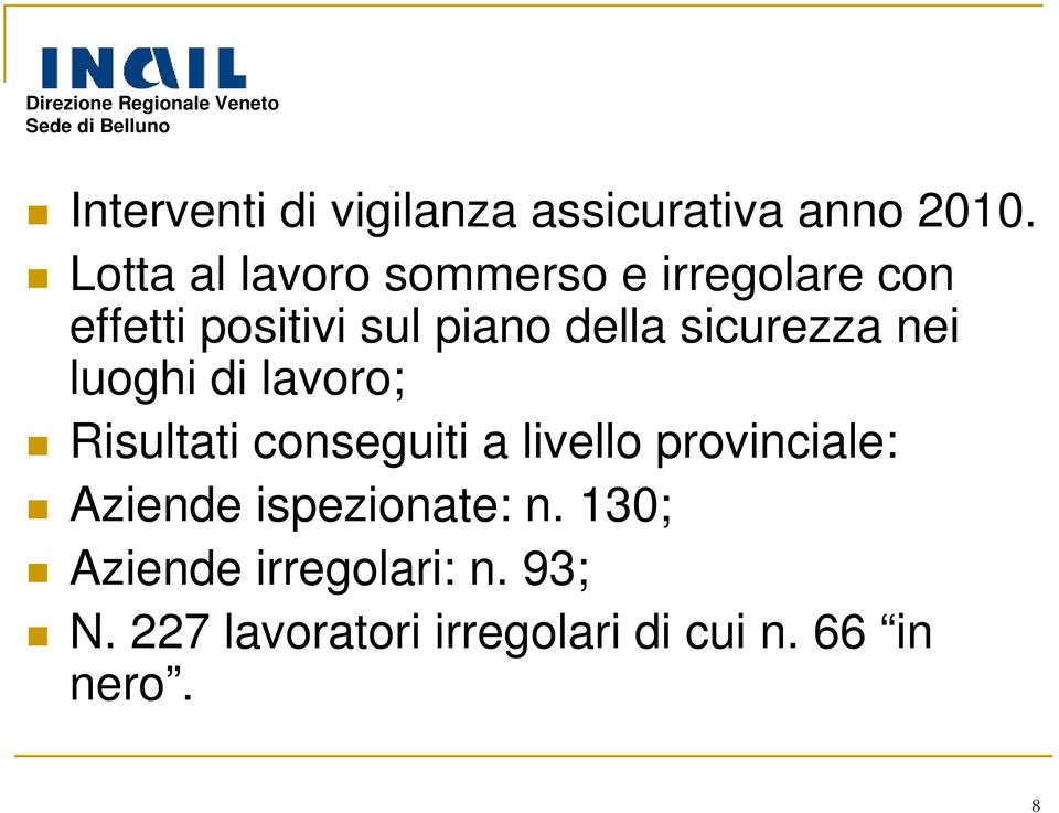 sicurezza nei luoghi di lavoro; Risultati conseguiti a livello provinciale: