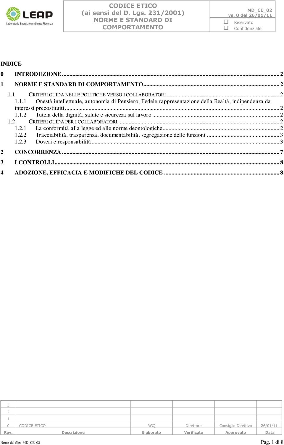 .. 3 1.2.3 Doveri e responsabilità... 3 2 CONCORRENZA... 7 3 I CONTROLLI... 8 4 ADOZIONE, EFFICACIA E MODIFICHE DEL CODICE.