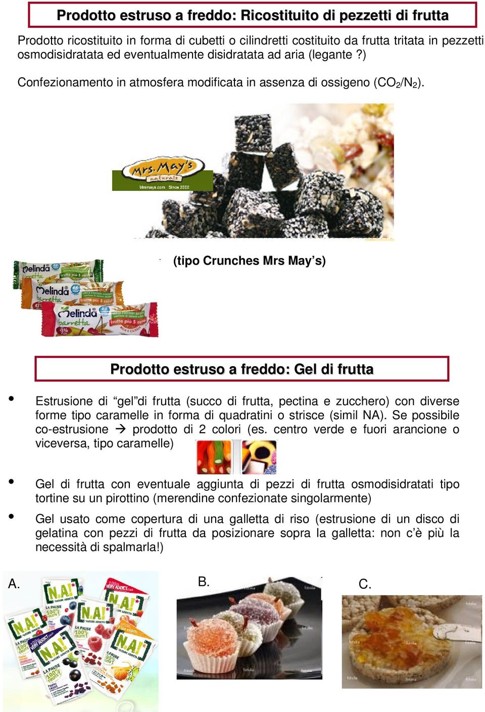 (tipo Crunches Mrs May s) Prodotto estruso a freddo: Gel di frutta Estrusione di gel di frutta (succo di frutta, pectina e zucchero) con diverse forme tipo caramelle in forma di quadratini o strisce