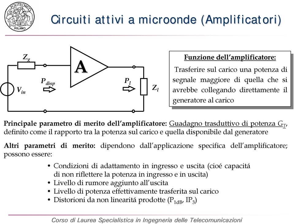 amplificatore: Guadagno traduttivo di potenza G T, definito come il rapporto tra la potenza ul carico e quella dipbile dal generatore Altri parametri di merito: dipendono dall applicazione pecifica