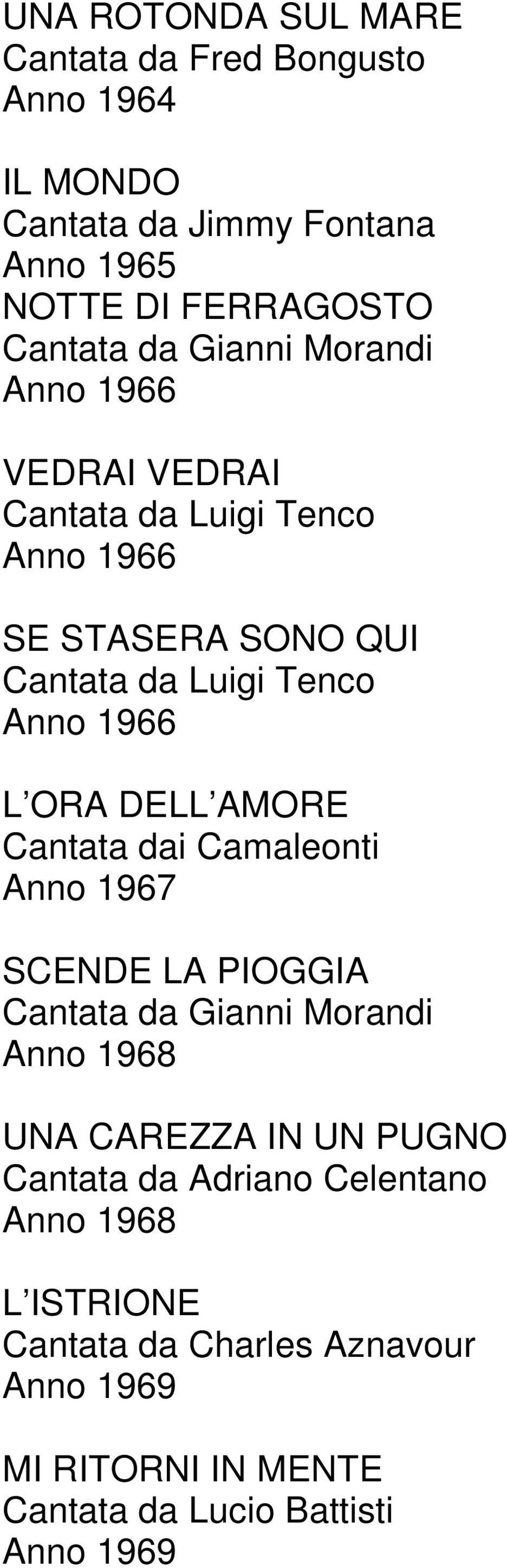 DELL AMORE Cantata dai Camaleonti Anno 1967 SCENDE LA PIOGGIA Cantata da Gianni Morandi Anno 1968 UNA CAREZZA IN UN PUGNO Cantata