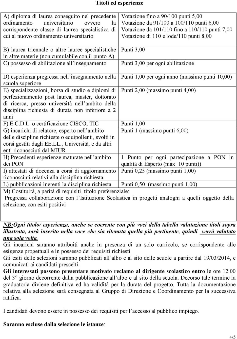 specialistiche Punti 3,00 in altre materie (non cumulabile con il punto A) C) possesso di abilitazione all insegnamento Punti 3,00 per ogni abilitazione D) esperienza pregressa nell insegnamento