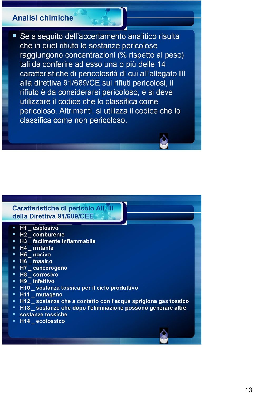 come pericoloso. Altrimenti, si utilizza il codice che lo classifica come non pericoloso. Caratteristiche di pericolo All.